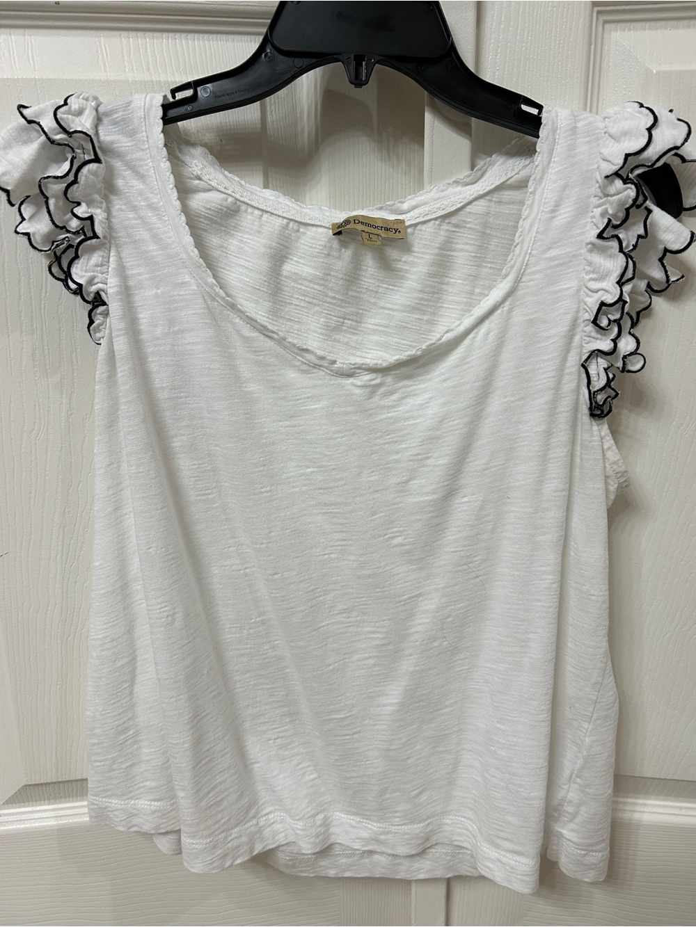 Democracy White Tank Top with Black-Edged Ruffle Sleeves